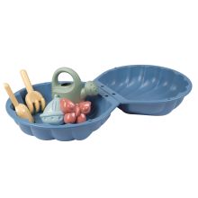 Mini sandpit / sand shell with 5 sand toys - watering can + shovel + rake + 2 sand molds
