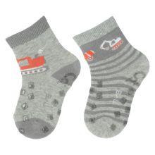 2er Pack Krabbelsocken Vollplüsch - Bagger - Grau - Gr. 17/18