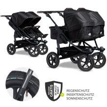 Geschwister- & Zwillingskinderwagen Duo 2 mit Luftreifen - 2x Kombi-Einheit (Wanne+Sitz) mit Liegeposition & XXL Zamboo Zubehör - Schwarz