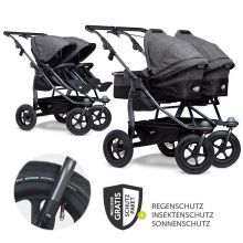 Geschwister- & Zwillingskinderwagen Duo mit Lufreifen - 2x Kombi-Einheit (Wanne+Sitz) + XXL Zamboo Zubehör - Anthrazit