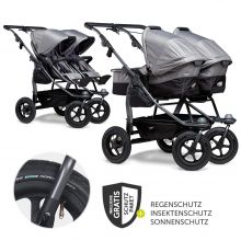 Geschwister- & Zwillingskinderwagen Duo mit Luftreifen - 2x Kombi-Einheit (Wanne+Sitz) + XXL Zamboo Zubehör - Grau