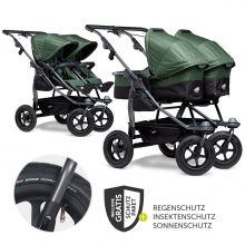 Geschwister- & Zwillingskinderwagen Duo mit Luftreifen - 2x Kombi-Einheit (Wanne + Sitz) + XXL Zamboo Zubehör - Olive