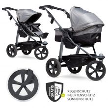 Kombi-Kinderwagen Mono mit Luftkammerreifen - inkl. Kombi-Einheit (Babywanne + Sitz) + XXL-Zamboo Zubehörpaket - Grau