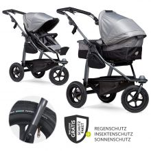 Kombi-Kinderwagen Mono mit Luftreifen - inkl. Kombi-Einheit (Babywanne + Sitz) + XXL-Zamboo Zubehörpaket - Grau