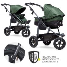 Kombi-Kinderwagen Mono mit Luftreifen - inkl. Kombi-Einheit (Babywanne + Sitz) + XXL-Zamboo Zubehörpaket - Olive