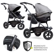 Kombi-Kinderwagen Mono mit Luftreifen - inkl. Kombi-Einheit (Babywanne + Sitz) + XXL-Zamboo Zubehörpaket - Premium Grau