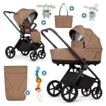 2in1 Kombi-Kinderwagen Claro bis 22 kg mit Babywanne, Sportsitz, Teleskopschieber, Liegeposition inkl. Regenschutz, Beindecke, Schnullerkette, Spieluhr, Greifling & Wickeltasche - Caramel