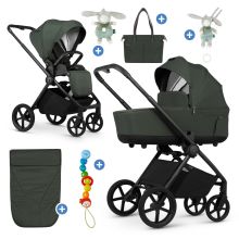 2in1 Kombi-Kinderwagen Claro bis 22 kg mit Babywanne, Sportsitz, Teleskopschieber, Liegeposition inkl. Regenschutz, Beindecke, Schnullerkette, Spieluhr, Greifling & Wickeltasche - Forest