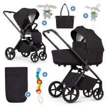 2in1 Kombi-Kinderwagen Claro bis 22 kg mit Babywanne, Sportsitz, Teleskopschieber, Liegeposition inkl. Regenschutz, Beindecke, Schnullerkette, Spieluhr, Greifling & Wickeltasche - Noir