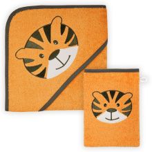 2-tlg. Bade-Set Kapuzenbadetuch inkl. Waschhandschuh 80 x 80 cm - Stickerei Tiger - Orange