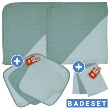 8-tlg. Bade-Set Mull - 2 Kapuzenbadetücher + 3 Waschhandschuhe + 3 Waschtücher - Mint Eisblau