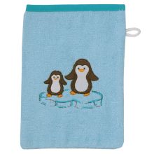 Waschhandschuh - Stickerei Pinguine - Eisblau