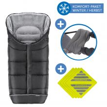3-tlg. Winter-Set für Kinderwagen mit Thermo Fußsack, Handmuff & Reflektoren - Schwarz Grau