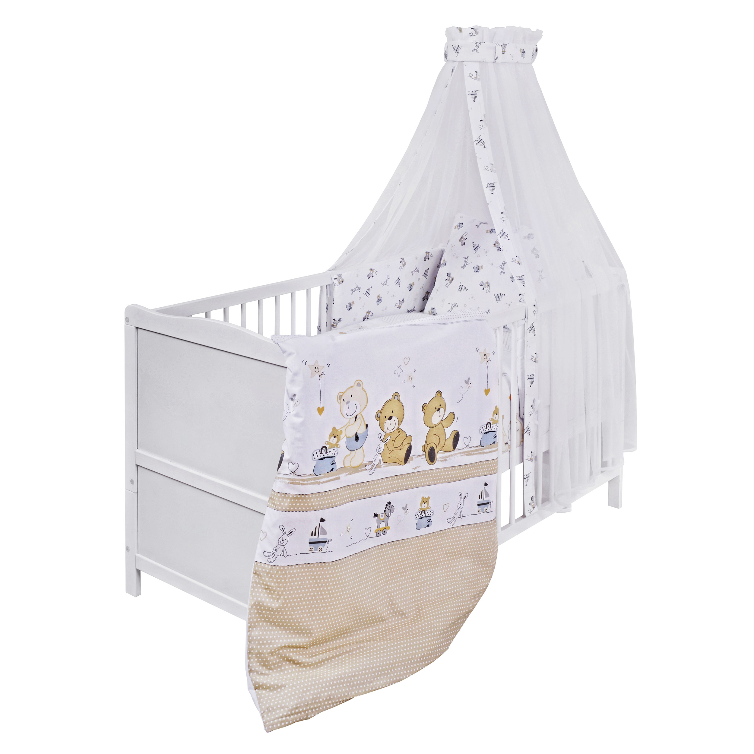 Babybett mit 10-tlg Komplett-Set Bettwäsche Matratze Himmel Minze Farbe Neu 