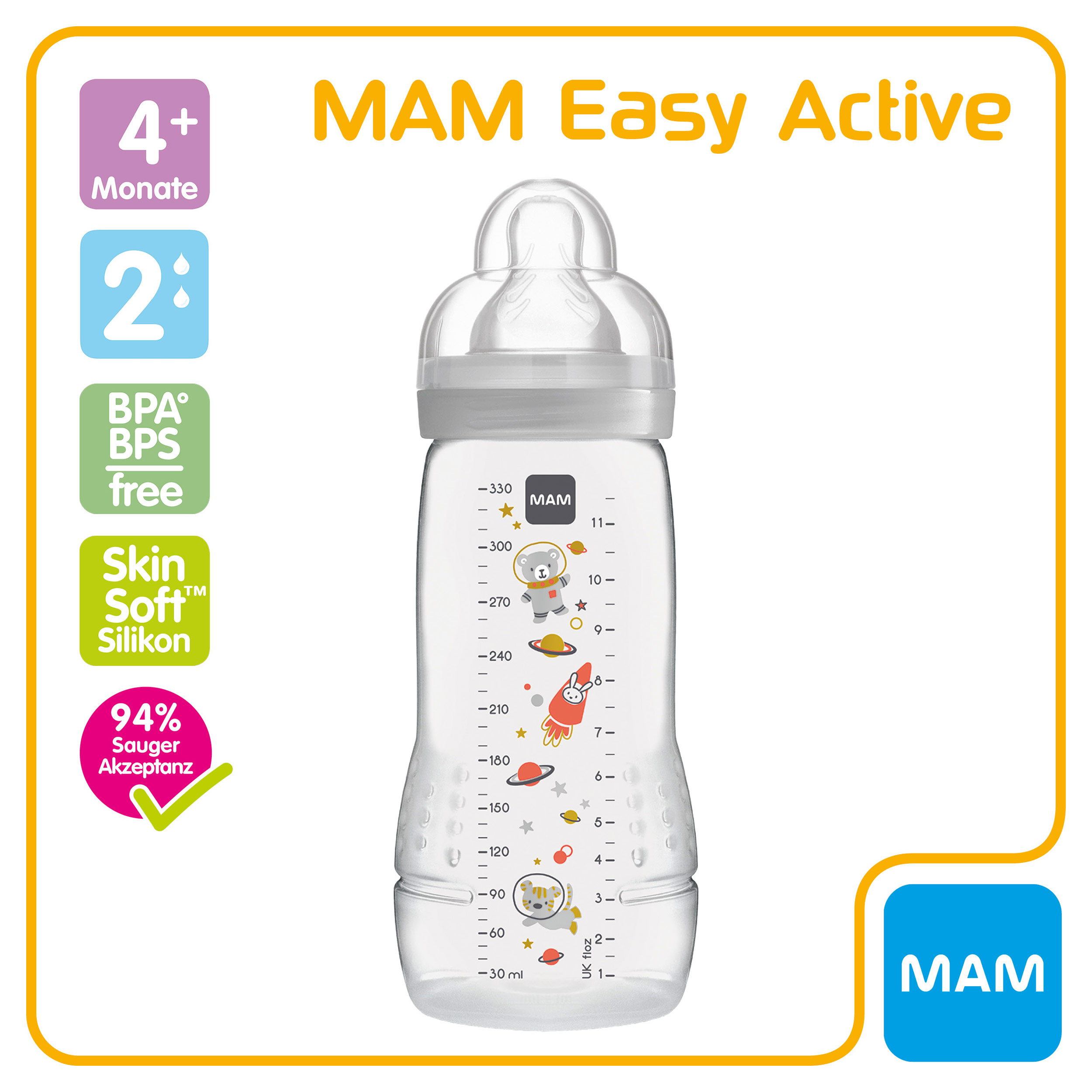 MAM Set 4 Mo Babyflasche 330 ml mit Sauger Gr.2 & MAM Trainer Sauger Gr.4 