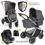 3in1 Kinderwagen-Set Samba - inkl. Babywanne, Autositz Tulip, Sportsitz und Zubehörpaket - Diamond Edition - Asphalt