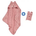 Bath Set Organic Cotton - Hooded bath towel + wash mitt - Faces - Pink