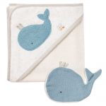 2-piece bath set hooded bath towel + wash mitt NATURE organic cotton 70 x 70 cm - whale
