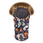 Fleece footmuff with fur collar Lhotse for baby car seat and baby bath - flowers