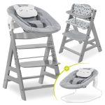 Alpha Plus Grey 4-piece Newborn Set Pastel Bear - highchair + newborn attachment & bouncer + Nordic Grey seat cushion