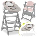 Alpha Plus Grey 4-piece Newborn Set Powder Bunny - highchair + newborn attachment & bouncer + seat cushion Muslin Mineral Rose