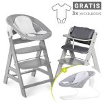 Alpha Plus Grey 7-piece newborn set - high chair + 2in1 newborn attachment & bouncer + seat cushion + FREE changing bodysuit 3-pack - Stretch Grey
