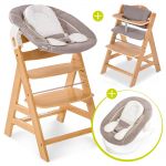 Alpha Plus Natur Newborn Set - 4-tlg. Hochstuhl + Neugeborenenaufsatz & Wippe Stretch Beige + Sitzkissen