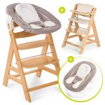 Alpha Plus Natur Newborn Set - 4-piece high chair + newborn insert & bouncer stretch beige + seat cushion