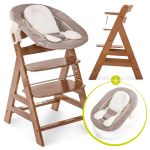 Alpha Plus Walnut Newborn Set - 3-piece high chair + newborn insert & rocker stretch beige