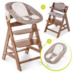 Alpha Plus Walnut Newborn Set - 4 pcs High Chair + Newborn Attachment & Rocker Stretch Beige + Seat Cushion