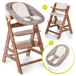 Alpha Plus Walnut Newborn Set - 4-tlg. Hochstuhl + Neugeboreneneinsatz & Wippe Stretch Beige + Sitzpolster