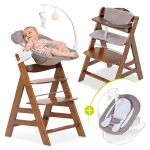 Alpha Plus Walnut Newborn Set Deluxe - 4-piece high chair + newborn attachment (backrest adjustable) + seat cushion