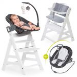 Alpha Plus Weiß Newborn Set Deluxe - 4-tlg. Hochstuhl + Neugeborenenaufsatz Grey (Rückenlehne verstellbar) + Sitzkissen