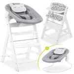 Alpha Plus White 4-piece Newborn Set Pastel Bear - high chair + newborn attachment + Nordic Grey seat cushion