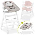 Alpha Plus White 4-piece Newborn Set Powder Bunny - highchair + newborn attachment & bouncer + seat cushion Muslin Mineral Rose