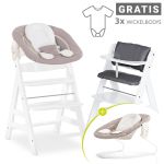 Alpha Plus White 7-piece newborn set - high chair + 2in1 newborn attachment & bouncer + seat cushion + FREE changing bodysuit 3-pack - Stretch Beige