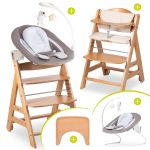 Beta Plus Natural 5-tlg. Newborn Set - Hochstuhl + 2in1 Neugeborenen-Aufsatz & Wippe Deluxe + Essbrett + Sitzpolster - Sand