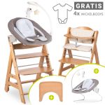 Beta Plus Natural 9-piece newborn set - highchair + 2in1 newborn attachment & bouncer deluxe + feeding board + seat pad + FREE long-sleeved bodysuit 4-pack - sand