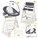 Beta Plus White 5-tlg. Newborn Set - Hochstuhl + 2in1 Neugeborenen-Aufsatz & Wippe Deluxe, Essbrett, Sitzkissen - Melange Grey