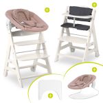 Beta Plus White 5-tlg. Newborn Set - Hochstuhl + 2in1 Neugeborenen-Aufsatz & Wippe + Essbrett + Sitzkissen - Disney - Bambi Rose
