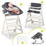 Beta Plus White 5-tlg. Newborn Set - Hochstuhl + 2in1 Neugeborenen-Aufsatz & Wippe Premium, Essbrett, Sitzkissen - Dark Grey