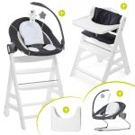 Beta Plus White Newborn Set - 5-piece high chair + attachment & rocker deluxe, eating board, seat cushion - Melange Grey