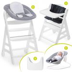 Beta Plus White Newborn Set - 5-tlg. Hochstuhl + Aufsatz & Wippe, Essbrett, Sitzkissen - Stretch Grey