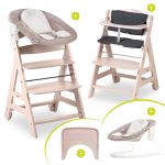 Beta Plus Whitewashed 5-piece Newborn Set - Highchair + 2in1 Newborn Attachment & Rocker, Eating Board, Seat Cushion - Stretch Beige