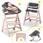 Beta Plus Whitewashed 5-piece Newborn Set - Highchair + 2in1 Newborn Attachment & Premium Rocker, Eating Board, Seat Cushion - Dark Grey