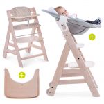 Beta Plus Whitewashed Newborn Set - 5-tlg. Hochstuhl + Neugeboreneneinsatz & Wippe Stretch Grey + Essbrett + Sitzpolster