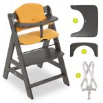 High chair Alpha Charcoal Selectline - in economy set incl. wooden dining board and seat cushion Muslin Honey