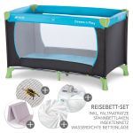 Reisebett XXL-Sparset - Dream`n Play inkl. Alvi Reisebett-Matratze + Wasserdichte Betteinlage + 2 Spannbettlaken + Insektenschutz - Waterblue