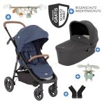 2in1 baby carriage set Mytrax Pro up to 22 kg load capacity with baby carriage chain & ring gripper - telescopic push bar, cup holder, Ramble carrycot, adapter & accessory pack - Blueberry