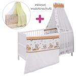 Babybett-Komplett-Set Mona inkl. Bettwäsche, Himmel, Insektenschutz, Nestchen & Matratze 70 x 140 cm - Honigbär - Weiß